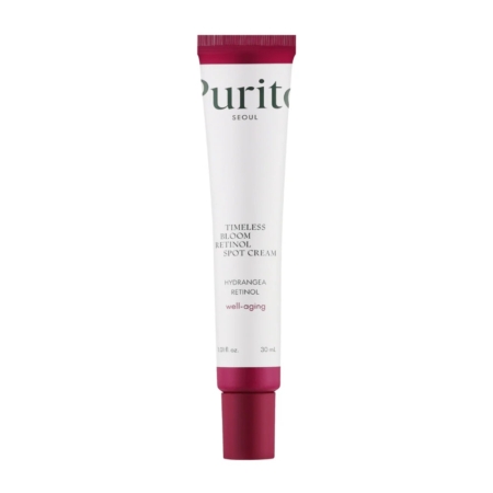 Un tube blanc avec un bouchon rose foncé étiqueté "Purito Crème Anti Taches au Rétinol 0.1% Timeless Bloom", conçu pour le soin du vieillissement avec de l'hortensia et du rétinol, dans un format de 30 ml. Dakar