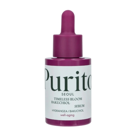 Un flacon compte-gouttes violet étiqueté "Purito Sérum Lissant Anti Age 1% de Bakuchiol 30 ml" est représenté sur un fond blanc. Dakar