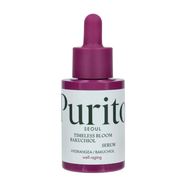 Un flacon compte-gouttes violet étiqueté "Purito Sérum Lissant Anti Age 1% de Bakuchiol 30 ml" est représenté sur un fond blanc. Dakar