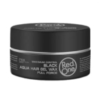 Un pot rond noir de 150 ml de Red One Black Aqua Hair Gel Wax Full Force cire Coiffante, avec un couvercle à visser et un texte blanc sur le devant, similaire au Red One Red Aqua Hair Wax Full Force. Dakar