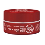 Un récipient rouge de Red One Red Aqua Hair Wax Full Force Cire Coiffante 150 ml avec une bande argentée sur le couvercle est placé à côté de Eco Styler Gel De Fixation à L'Huile D'Olive. Dakar