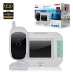 L'image montre un Reer BabyCam S Moniteur Vidéo pour Bébé avec sa caméra, son récepteur doté d'un petit écran et de boutons verts, ainsi que l'emballage du produit et un prix de satisfaction du client. Dakar