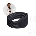 Reer Ceinture Soutient Ventre Période Grossesse représenté sur fond blanc, avec en médaillon une femme enceinte en robe blanche se tenant le ventre et un délicat dessin au trait d'une figure enceinte. Idéale pour toute la période de grossesse. Dakar