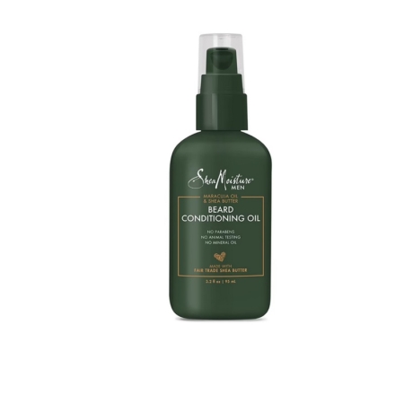 Un flacon vert foncé de 100ml de Shea Moisture Huile Revitalisant pour barbe au maracuja et au beurre de karité avec un distributeur à pompe et un texte doré sur l'étiquette, présenté sur un fond blanc. Dakar