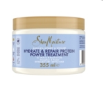 Shea Moisture Miel de Manuka et Yaourt Masque Réparateur 355 ml, avec un couvercle beige et une étiquette bleu clair, est conçu pour les cheveux extrêmement secs et cassants. Dakar