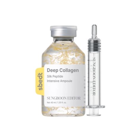 Un flacon de 35 ml étiqueté "Sungboon Editor Ampoule Anti Age Lifting Intensif aux Peptides de Soie", rempli d'un liquide transparent, est présenté à côté d'un applicateur transparent de type seringue. Dakar
