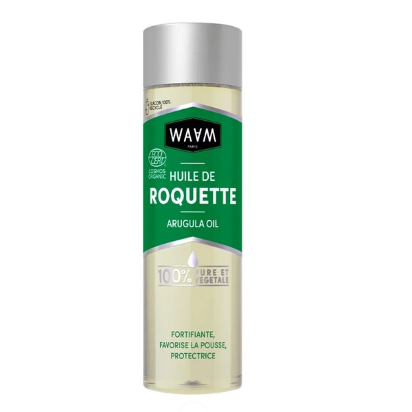 Un grand flacon transparent de Waam Huile de Roquette Bio 75ml avec une étiquette verte et un bouchon argenté, affichant "Huile de Roquette" et "100% Pure et Végétale", se trouve à côté de Waam Huile de Touloucouna dans la collection. Dakar