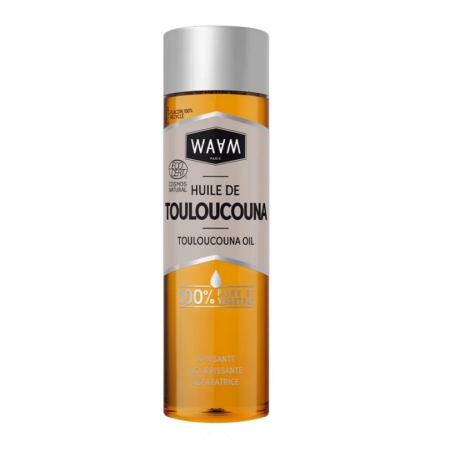 Un flacon transparent de Waam Huile de Touloucouna 75ml avec un bouchon argenté se trouve à côté de Waam Huile de Sésame BIO, tous deux étiquetés comme des huiles végétales 100% pures pour apaiser, nourrir et réparer. L'huile jaune d'or brille à l'intérieur. Dakar