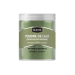 Un pot en plastique transparent de Waam Poudre de Lalo (feuilles de Baobab) 100% Naturelle 150g, rempli de poudre verte. L'étiquette indique "100% pure et naturelle" et présente des propriétés telles que "gélifiante, gainante". Dakar
