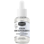 Un flacon compte-gouttes transparent étiqueté "WAAM Sérum Acide glycolique 10% 30ml" avec un bouchon blanc et un texte noir, sur un fond blanc uni. Dakar
