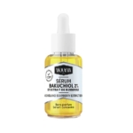Un flacon compte-gouttes de WAAM Sérum Bakuchiol 2% 30ml avec une étiquette blanche, texte noir et bleu, sérum jaune à l'intérieur, et "Sans parfum" plus "Sérum concentré" clairement affichés sur le devant. Dakar
