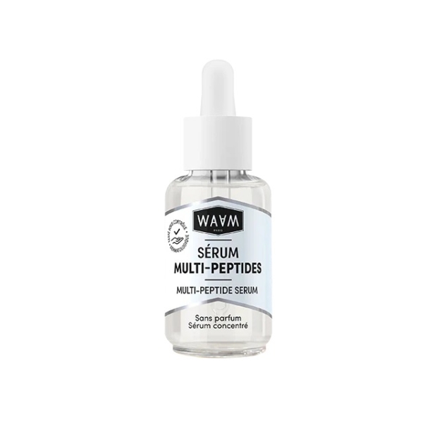 Un flacon compte-gouttes transparent étiqueté "WAAM Sérum concentré multi-peptides 30ml" avec des textes en français et en anglais, sur fond blanc. Le flacon contient un sérum concentré multi-peptides et est muni d'un bouchon blanc avec compte-gouttes. Dakar