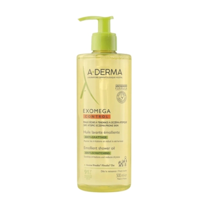 Flacon transparent de 500 ml de A Derma Exomega Control Huile Lavante Émolliente Anti Grattage et Irritations Peau Sèches avec une pompe verte, conçu pour les peaux sèches, atopiques et sujettes à l'eczéma. L'étiquette a des accents verts et orange. Dakar