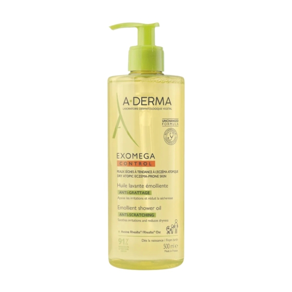 Flacon transparent de 500 ml de A Derma Exomega Control Huile Lavante Émolliente Anti Grattage et Irritations Peau Sèches avec une pompe verte, conçu pour les peaux sèches, atopiques et sujettes à l'eczéma. L'étiquette a des accents verts et orange. Dakar