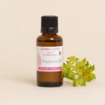 Un flacon en verre brun d'Aroma Zone Actif Provitamine B5 (Panthénol) Peau et Cheveux 30ml se trouve à côté d'une petite plante verte sur un fond beige clair. Dakar