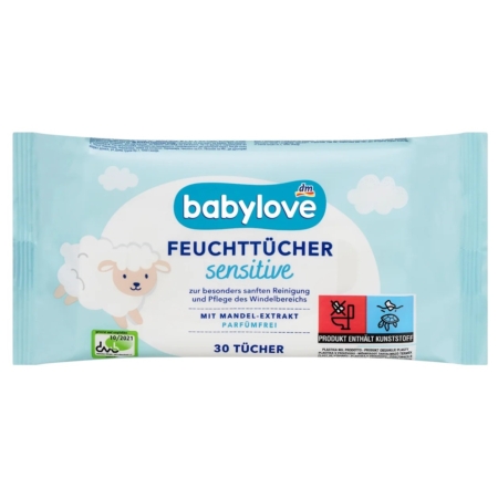 Babylove Lingettes Humides Sensitive 30 pièces, au design mouton et nuages sur fond bleu, sont sans parfum, enrichies en extrait d'amande et conçues pour le soin doux des bébés. Dakar