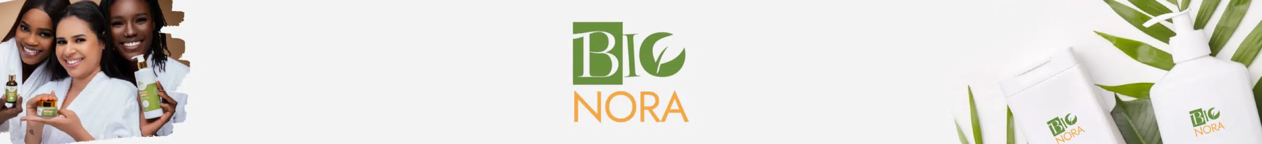 Trois femmes souriantes tiennent des produits de soin à gauche, avec le logo vert et orange "Bio Nora" au centre. À droite, les flacons de la marque Univers Cosmetix Bio Nora sont entourés de feuilles vertes luxuriantes. Dakar