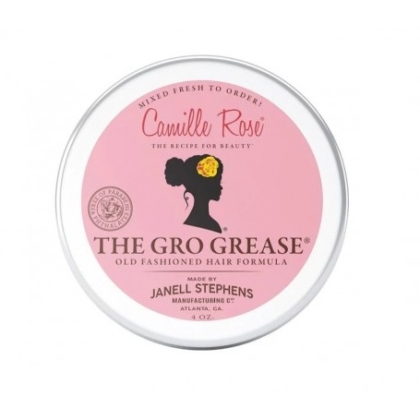 Une boîte ronde en fer blanc avec une étiquette rose pour Camille Rose Baume revitalisant THE GRO GREASE 118ml avec un couvercle floral et le logo Camille Rose. Dakar