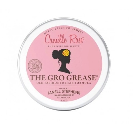 Une boîte ronde en fer blanc avec une étiquette rose pour Camille Rose Baume revitalisant THE GRO GREASE 118ml avec un couvercle floral et le logo Camille Rose. Dakar