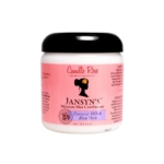 Un pot de 266 ml de l'après-shampoing Camille Rose Jansyn's Moisture Max, dans un récipient blanc avec un couvercle noir et une étiquette rose, nourrit les cheveux avec du lait de coco et de l'aloe vera pour une hydratation maximale. Dakar