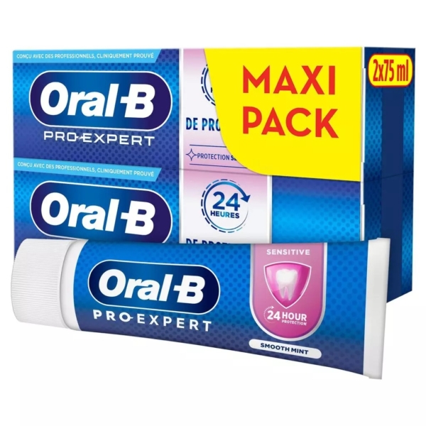Dentifrice Oral-B Pro-Expert Dents sensibles et Blancheur 2x75ml, saveur menthe douce, offre une protection 24h. L'emballage bleu, jaune et rose indique "MAXI PACK" et met en avant des dents sensibles et la blancheur. Dakar
