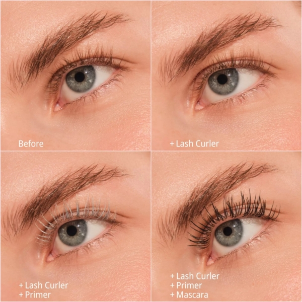 Quatre images en gros plan : les cils avant le traitement, après l'utilisation du recourbeur Essence Coffret Cadeau pour Cils Lash Princess 3 pièces, puis avec le primer, et enfin avec le recourbeur, le primer et le mascara - chaque étape donne aux cils un aspect plus fourni. Dakar