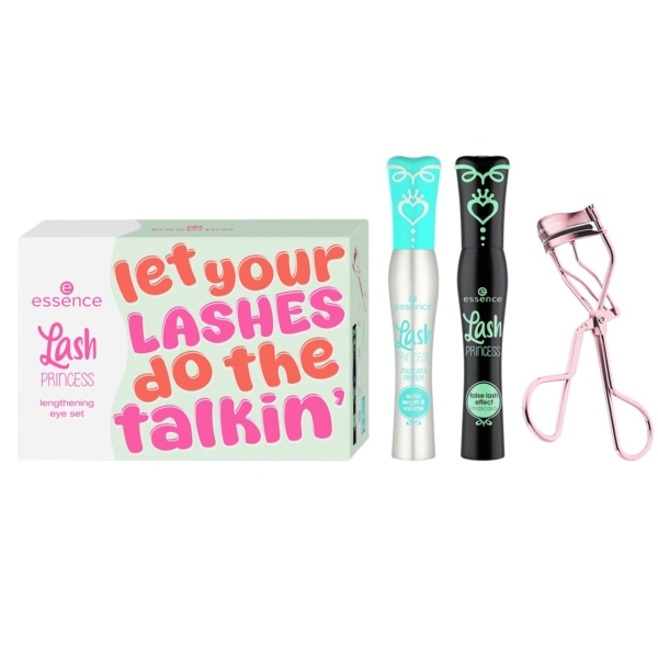 Le Coffret Cadeau pour Cils Lash Princess 3 pièces d'Essence présente un emballage coloré, deux tubes de mascara (vert et noir) et un recourbe-cils rose présenté à côté de la boîte. Dakar