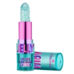 Un tube de Rouge à Levers Aqua Jelly Colour Changing 2,8 g avec un rouge à lèvres bleu scintillant dans un étui métallique rose et bleu ; le bouchon est enlevé, posé à côté, montrant le logo et le nom du produit. Dakar
