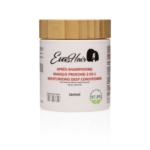 Un pot de 500 ml d'Evashair Aprés Champooing Masque 2 en 1 avec un couvercle en bambou comporte une étiquette français-anglais, indiquant qu'il convient à tous les types de boucles et qu'il est composé de 97,8 % d'ingrédients naturels. Dakar