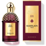 Le flacon bordeaux Absolus Allegoria Rose Amira Eau de Parfum Femme 125ml de Guerlain se trouve à côté de son coffret assorti, tous deux ornés de touches dorées et de l'élégant texte "Absolus Allegoria, Guerlain Paris, Eau de Parfum". Dakar