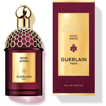 Le flacon bordeaux Absolus Allegoria Rose Amira Eau de Parfum Femme 125ml de Guerlain se trouve à côté de son coffret assorti, tous deux ornés de touches dorées et de l'élégant texte "Absolus Allegoria, Guerlain Paris, Eau de Parfum". Dakar