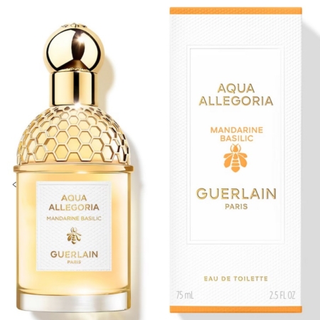 Aqua Allegoria Mandarine Basilic Eau de toilette Femme 75ml se présente dans un flacon avec un design en nid d'abeille doré et un bouchon rond, emballé dans une boîte blanche avec d'élégants accents et textes dorés. Dakar