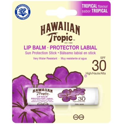Hawaiian Tropic Baume à Lèvre protecteur sp30 4ml présente un SPF 30, une saveur tropicale, une résistance à l'eau et des fleurs d'hibiscus violettes sur l'emballage. Le texte de l'emballage apparaît en anglais et en espagnol. Dakar