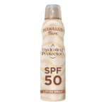 Un flacon de 220 ml de Hawaiian Tropic Spray Solaire Hydratante SPF 50, avec un motif ondulé beige et or et un bouchon transparent. Dakar