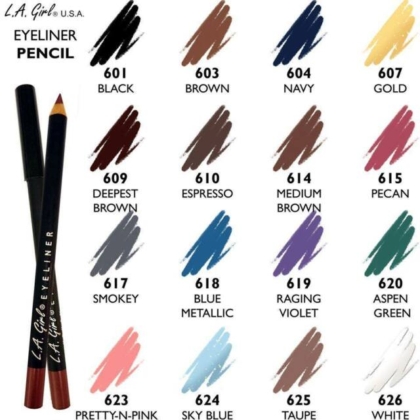 Image montrant 15 teintes de crayons à paupières L.A. Girl Classic avec échantillons et noms : noir, brun, marine, or, brun foncé, espresso, brun moyen, noix de pécan, fumé, bleu métallique, violet rageur, vert tremble, rose, bleu ciel, taupe et blanc. Dakar