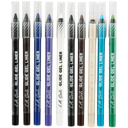 Dix crayons L.A Girl Gel Eyeliner Crayon Longue Tenue 1,2 g avec capuchons transparents sont disposés verticalement côte à côte sur un fond blanc, mettant en valeur leurs teintes vibrantes. Dakar