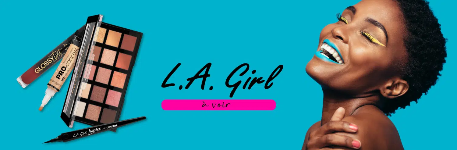 Une femme joyeuse au maquillage coloré sourit. À sa gauche, des produits L.A. Girl et Univers Cosmetix - palette d'ombres à paupières, eyeliner, correcteur et brillant à lèvres - avec le texte "L.A. Girl à voir" sur fond bleu. Dakar