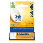 Labello Baume à Lèvres Solaire Spf50 Soin Intense 4.80 g est présenté dans un emballage jaune et blanc respectueux de l'environnement, offre un soin 24h, un SPF 50, et présente un texte allemand/français avec un symbole de cœur pour les ingrédients naturels. Dakar