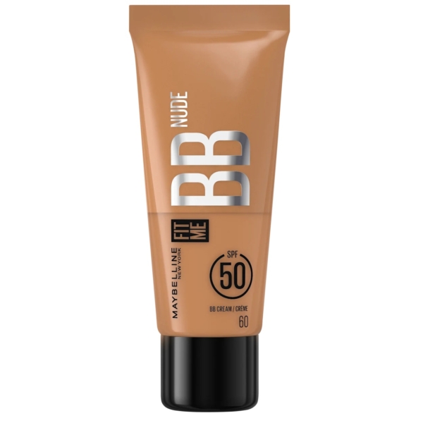 Tube de 30 ml de Maybelline BB Crème Spf50 Unifiant Couvrance Légère Anti Imperfections Fit Me, offrant une protection SPF 50. Le tube de couleur beige est orné d'un texte noir et argenté et d'un élégant bouchon noir. Dakar