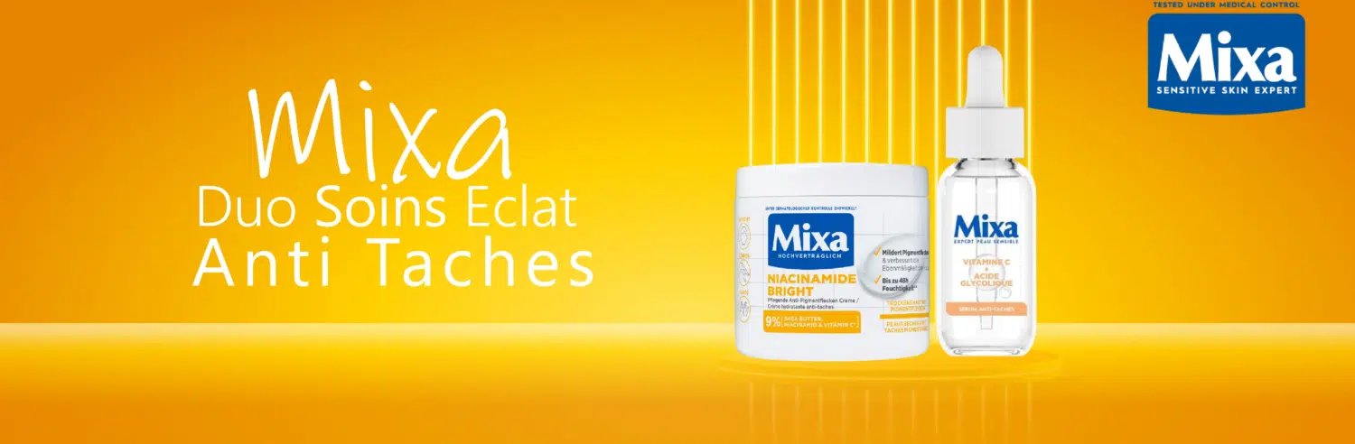 Produits Mixa Duo Soins Éclat Anti Taches sur fond jaune dégradé, comprenant un pot de crème et un flacon de sérum avec compte-gouttes, ainsi que le logo Mixa, le texte du produit en français et la marque Univers Cosmetix. Dakar