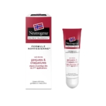 Un tube et une boîte de 15 ml de Neutrogena Baume Lèvres Réparation Intense pour les lèvres gercées, avec un motif de drapeau norvégien rouge, blanc et bleu et une description en français sur l'emballage. Dakar