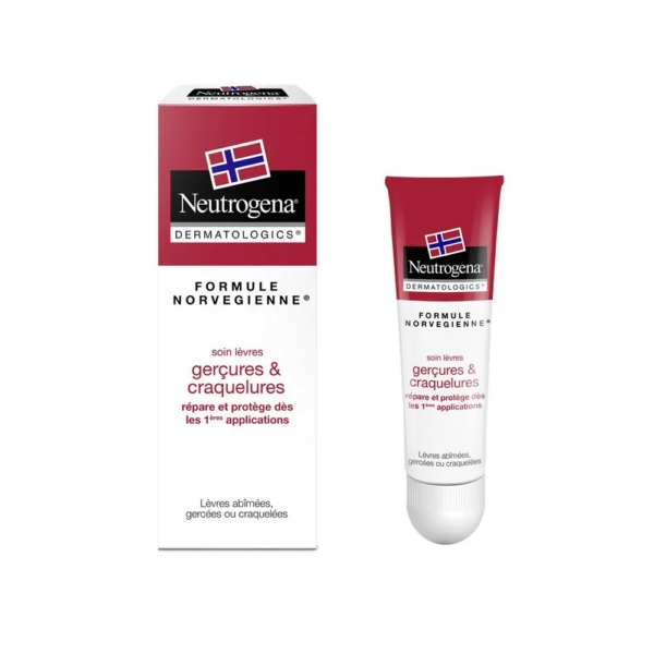 Un tube et une boîte de 15 ml de Neutrogena Baume Lèvres Réparation Intense pour les lèvres gercées, avec un motif de drapeau norvégien rouge, blanc et bleu et une description en français sur l'emballage. Dakar