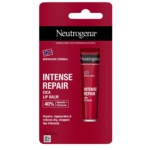 Un emballage rouge de Neutrogena Baume Lèvres Réparation Intense 15ml avec un texte blanc, un petit drapeau norvégien et des allégations de 40% de glycérine + panthénol pour aider à réparer les lèvres sèches et gercées. Dakar