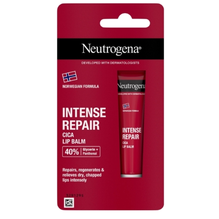 Un emballage rouge de Neutrogena Baume Lèvres Réparation Intense 15ml avec un texte blanc, un petit drapeau norvégien et des allégations de 40% de glycérine + panthénol pour aider à réparer les lèvres sèches et gercées. Dakar