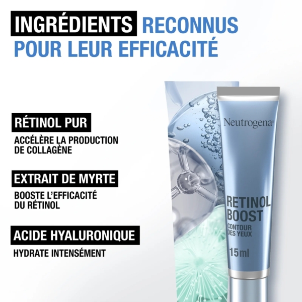 Image de Neutrogena Crème Contour Yeux Anti Age Rétinol Boost Sans Parfum 15 ml avec texte mettant en valeur le rétinol pur (booste le collagène), l'extrait de myrte (renforce l'efficacité), et l'acide hyaluronique (hydrate intensément). Dakar