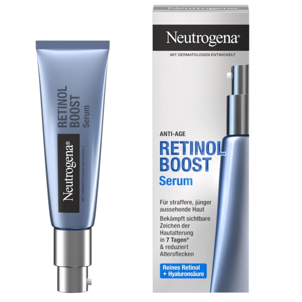 Tube et boîte bleus de Neutrogena Sérum Boost Anti Age au Rétinol 30 ml, promettant des résultats anti-âge visibles en 7 jours. L'emballage met en avant le rétinol et l'acide hyaluronique comme ingrédients clés de la jeunesse de la peau. Dakar