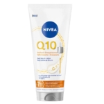 Un tube blanc de Nivea Lotion Corps Sérum Q10 Raffermissant + Énergisante 200 ml avec des accents orange et bleus, texte en français, présenté à la verticale sur un fond blanc. Dakar