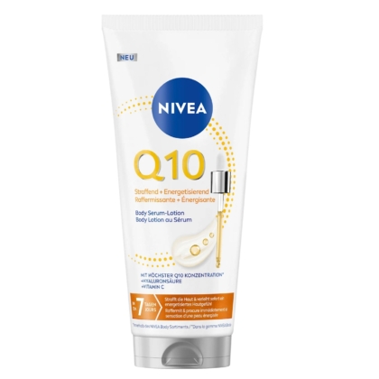 Un tube blanc de Nivea Lotion Corps Sérum Q10 Raffermissant + Énergisante 200 ml avec des accents orange et bleus, texte en français, présenté à la verticale sur un fond blanc. Dakar