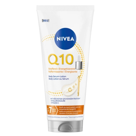 Un tube blanc de Nivea Lotion Corps Sérum Q10 Raffermissant + Énergisante 200 ml avec des accents orange et bleus, texte en français, présenté à la verticale sur un fond blanc. Dakar