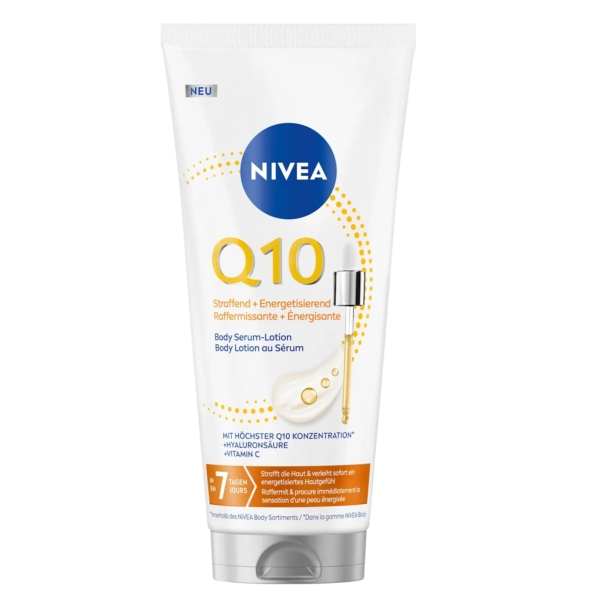 Un tube blanc de Nivea Lotion Corps Sérum Q10 Raffermissant + Énergisante 200 ml avec des accents orange et bleus, texte en français, présenté à la verticale sur un fond blanc. Dakar